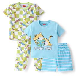 Babyhug Single Jersey Knit  Half Sleeves Nightsuits with Pencil & Tiger Print Pack of 2 - Multicolour-image-21