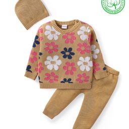 Babyhug Organic Cotton Knit Full Sleeves Sweater Set & Cap with Floral Design - Yellow-picture-22