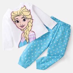 Babyhug Disney Single Jersey Knit  Full Sleeve Night Suit with Frozen Princess Graphics - White & Blue-image-95