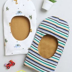 BUMZEE Interlock Pack Of 2 Animals & Striped Printed Monkey Caps - White & Multi Colour-picture-22