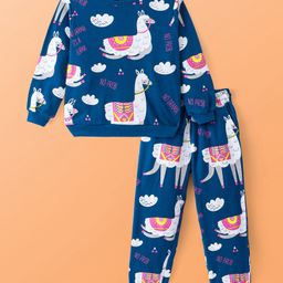 Pine Kids Heavy Gauge Premium Fabric Full Sleeves Lama Printed Night Suit - Navy Blue-image-36