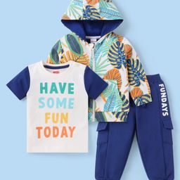 Babyhug Terry Knit Full Sleeves Tropical Theme & TextPrinted Hooded Sweatjacket & Lounge Pant with T-Shirt - Navy Blue-image-31