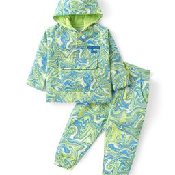 Babyhug Cotton Knit Full Sleeves Hooded T-Shirt & Lounge Pants Co-Ord Set With Marble Print - Light Green-image-1