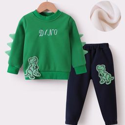 Kookie Kids Full Sleeves Winter Wear T-Shirt & Lounge Pant Set with Dino Applique - Green & Navy Blue-image-116