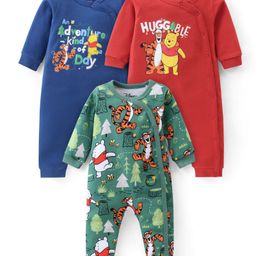 Babyhug Disney Interlock Knit Full Sleeves Rompers with Winnie the Pooh Graphics Pack of 3 - Red Green & Blue-image-16