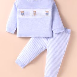 ToffyHouse Interlock Knit Full Sleeves Striped T-Shirt & Joggers Set with Bear Embroidery - Light Blue-picture-13
