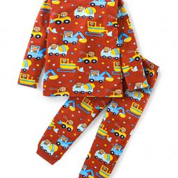 Babyhug Cotton Knit Full Sleeves Night Suit With Teddy & Vehicles Print - Dark Red-picture-15