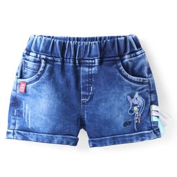 Olio Kids Denim Knit Above Knee Length Denim Shorts with Unicorn Embroidery - Navy Blue-image-60