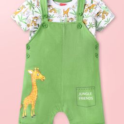 Babyhug Single Jersey Knit Jungle Theme Printed Dungaree & Half Sleeves T-Shirt Set - Green-image-55