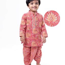 EARTHY TOUCH Cotton Woven Full Sleeves Floral Printed Kurta Dhoti Set - Red-image-59