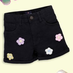 Kiddopanti Denim Shorts Floral Embroidered Shorts - Black-image-45