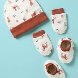 OHMS Single Jersey Knit Cap Mitten & Booties Set with Animal Print White & Brown - Diameter 10.5 cm-3