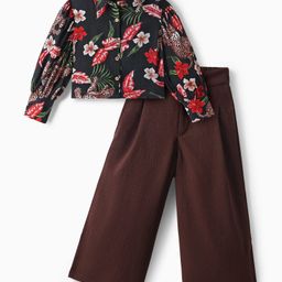 Ollington St. Woven Full Sleeves Floral Printed Top & Culotte Pant Set - Black & Brown-image-29