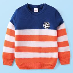 Babyhug Knit Full Sleeves Pullover Sweater Stripes Design & Ball Patch - Orange & Blue-image-51