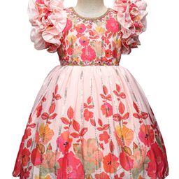 Enfance Half Sleeves Floral Printed Sequin Embellished Knee Length Dress - Peach-image-87