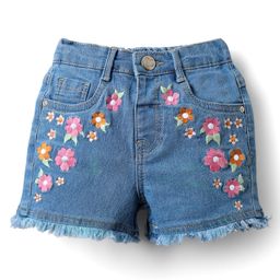 Babyhug Denim Mid Thigh Shorts With Floral Embroidery - Blue-image-20