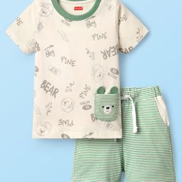 Babyhug Single Jersey Knit Half Sleeves T-Shirt & Short Set With Text Print & Ear Applique - Light Green-image-73