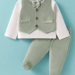 ToffyHouse Interlock Knit Full Sleeves T-Shirt & Pant with Attached Waistcoat & Bow Applique - Olive Green-image-78