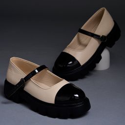 Shoetopia Colour Blocked Mary Jane Buckle Closure Ballerinas - Cream-image-78