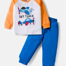 Doodle Poodle 100% Cotton Knit Full Raglan Sleeves T-Shirt & Joggers Set With Airplane Print - White Blue & Orange-picture-13