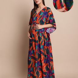Secret Wish Rayon Woven Half Batwing Sleeves Abstract Printed Maternity Kaftan Nighty With Side Seam Nursing Access - Multi Colour-image-94