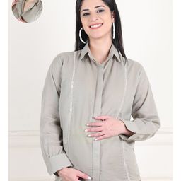 Moms Maternity Cotton Blend Woven Full Sleeves Lace Detailed Maternity Shirt With Front Open Nursing Access - Grey-image-54