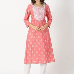Saffron Threads Coral Floral Print A Line Kurta-image-96