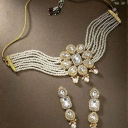 Peora Crystal White Pearl Beaded Choker Necklace With Earrings Set-image-84