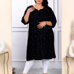Miravan Black Embroidered Straight Plus Size Kurti-picture-1