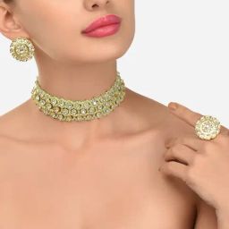 Zaveri Pearls Green Crystal Beads & Kundan Woven Choker Necklace Earring & Ring Set-ZPFK12115-image-96