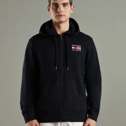 Tommy Hilfiger Navy Cotton Regular Fit Logo Printed Hooded Sweatshirt-image-5