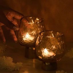 Muun Home Gold Hand Blown Glass Textured Theia Tea Light Candle Holder (Tall) - Set of 2-image-70
