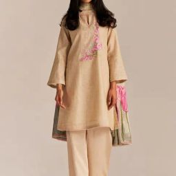 Ganga Fashions Beige & Pink Viscose Chanderi A-Line Woven Kurta Set-image-40