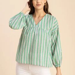 Moomaya Green Cotton Striped Top-image-37