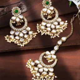 Peora Gold Plated Kundan Pearl Chandbali Earrings with Maang Tikka Set-image-40