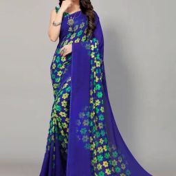 Satrani Blue Printed Saree With Unstitched Blouse-picture-9