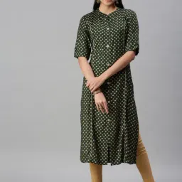 SHOWOFF Green Cotton Printed Calf Length Straight Kurta-picture-48
