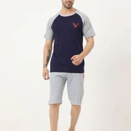 Masculino Latino Navy Blue & Grey Regular Fit Printed Nightwear Set-image-84