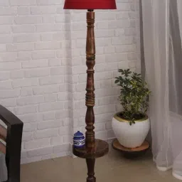 Homesake Classic Round Red & Brown Walnut Wooden Floor Lamp with Shade - Set of 1-2
