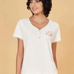 Dreamz by Pantaloons Off-White & Green Cotton Embroidered T-Shirt-image-1