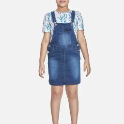 Peppermint Girls Navy Blue & White Cotton Solid Dungaree Set-image-52