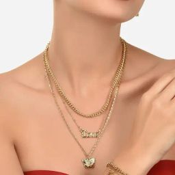 Zaveri Pearls Gold Tone 3 Layers Contemporary Love Butterfly Chain Earring & Bracelet Set-ZPFK12079-81