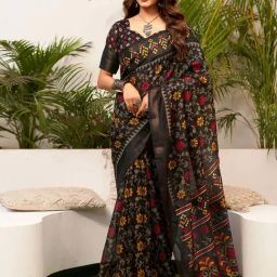 Satrani Black Printed Saree With Unstitched Blouse-image-34