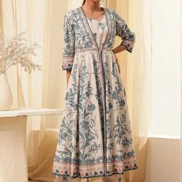 Biba Beige & Blue Cotton Floral Printed Kurta With Pant-image-9
