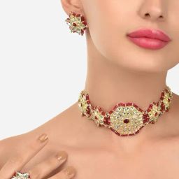 Zaveri Pearls Pink Crystal Beaded Ethnic Kundan Choker Necklace Earring & Ring Set-ZPFK12113-25