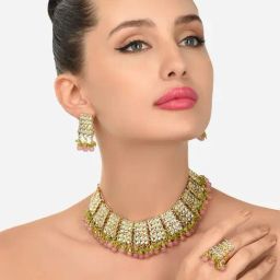 Zaveri Pearls Pink & Green Bead Drops Kundan Necklace Earring & Ring Set-ZPFK12112-image-39