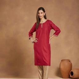Fabindia Maroon Viscose Silk Embroidered Knee Length Kurta-picture-10