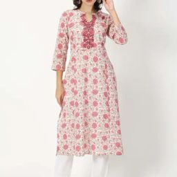 Saffron Threads White & Pink Floral Print Straight Kurta-image-81