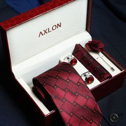 Axlon Men Checked Tie, Cufflinks, Flower Pin & Pocket Square Accessory Gift Set-image-72