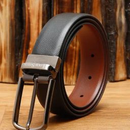Louis Stitch Black Textured Leather Reversible Belt for Men-image-93